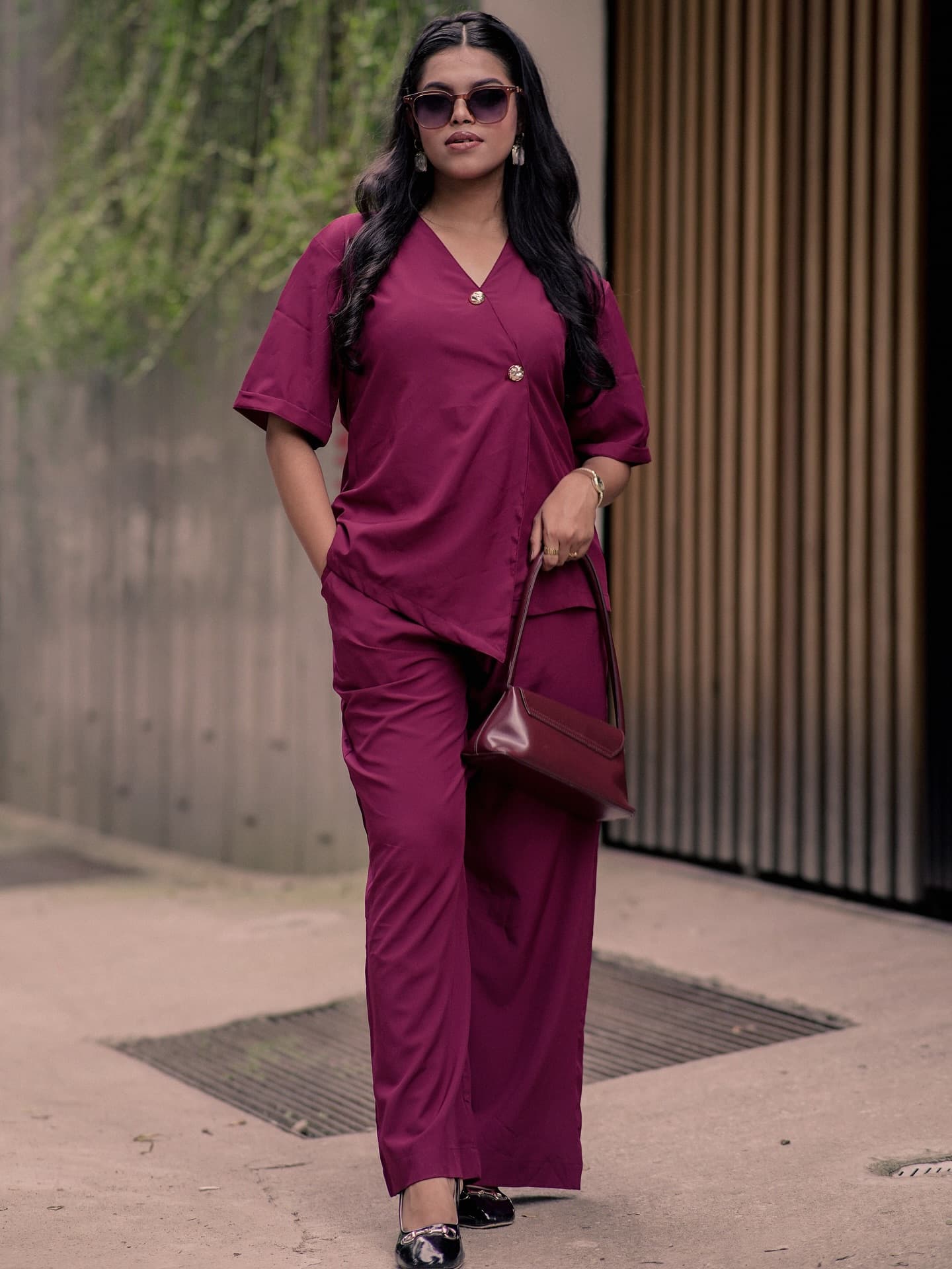 Plum short-sleeve wrap top with matching trousers
