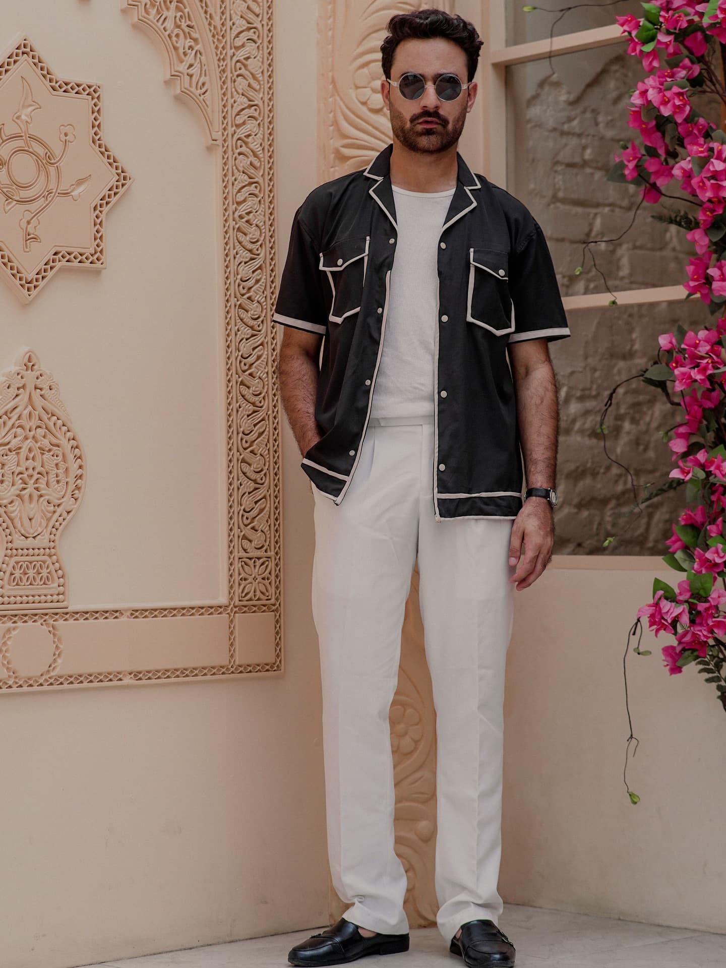 Black camp-collar shirt with ivory piping