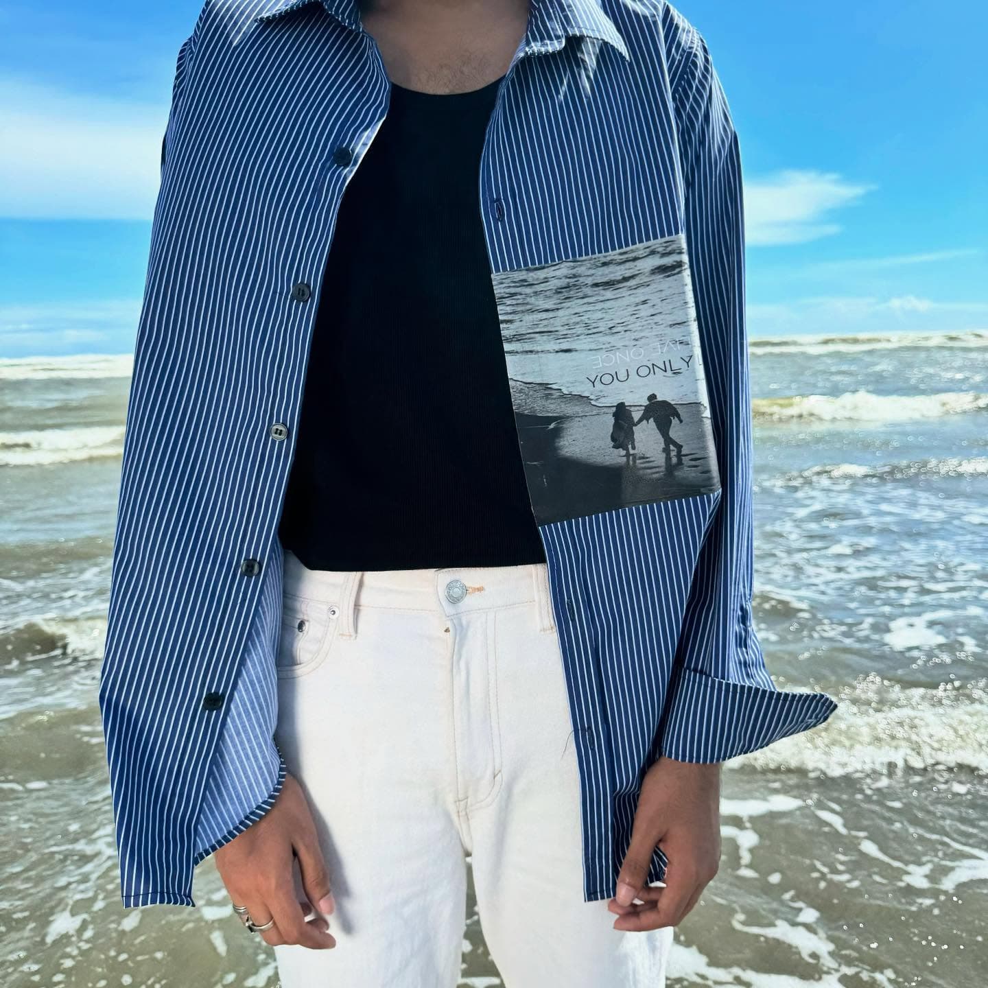 Blue striped shirt with a printed photo patch panel