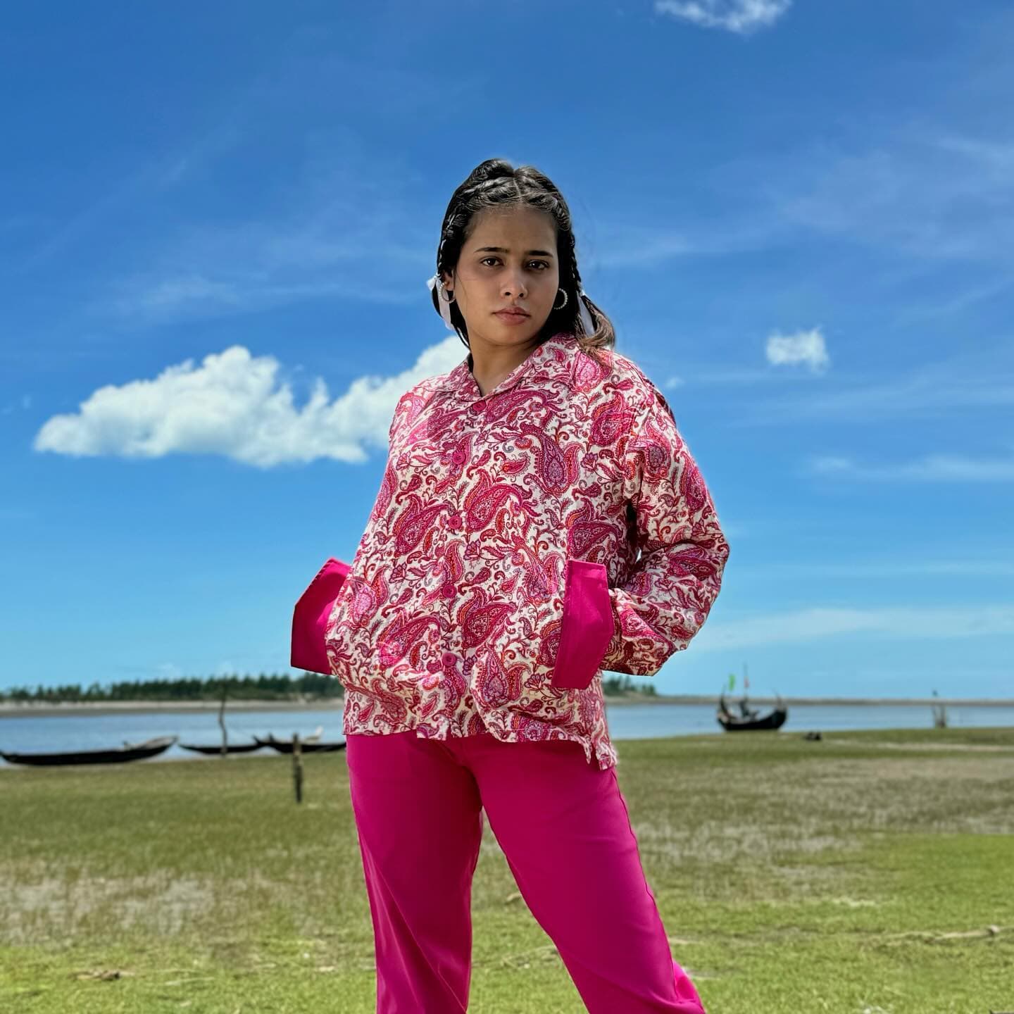 Pink floral print shirt with fuchsia trousers